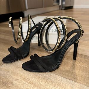 SCHUTZ BLACK SUEDE GOLD CHAIN WRAP HEELS